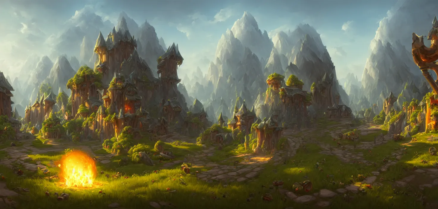 Image similar to landscape orthographic, ornament, trumpet, 2 d artwork by dom qwek, fish eye view, trending on polycount, artstation, 3 d hammer modeling, hd, vray, 8 k, sharp high quality artwork in style of greg rutkowski, concept art, blizzard warcraft artwork, hearthstone card artwork