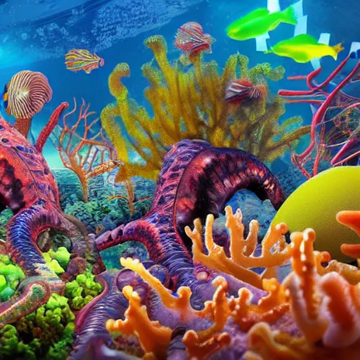 Prompt: a group of cephalopod - like alien creatures swim through a vividly colorful complex diverse bright dense coral reef in the ocean of an alien world, coral, coral reef, sealife, alien oceans, alien worlds, 4 k resolution, ultra realistic, hyperdetailed, photorealism, trending on artstation