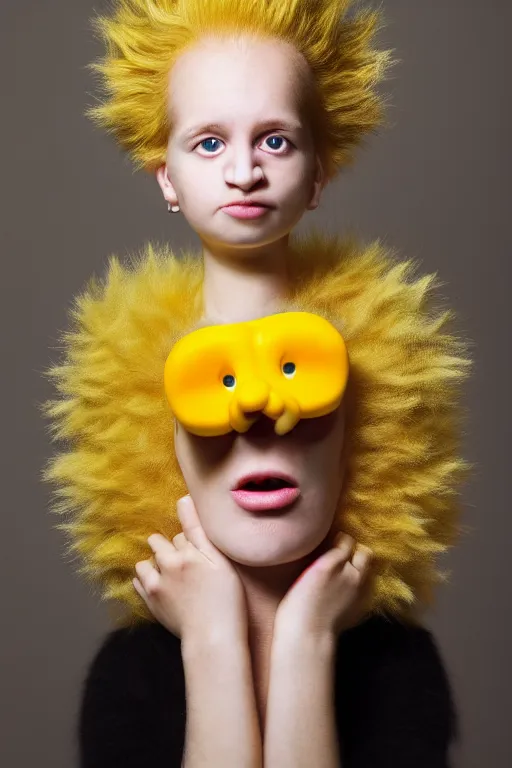 Prompt: studio portrait of girl that looks excactly like lisa simpson, lookalike, wears the same exact clothes, as if lisa simpson came to life, soft light, black background, fine details, close - up, award winning photo by martin schoeller