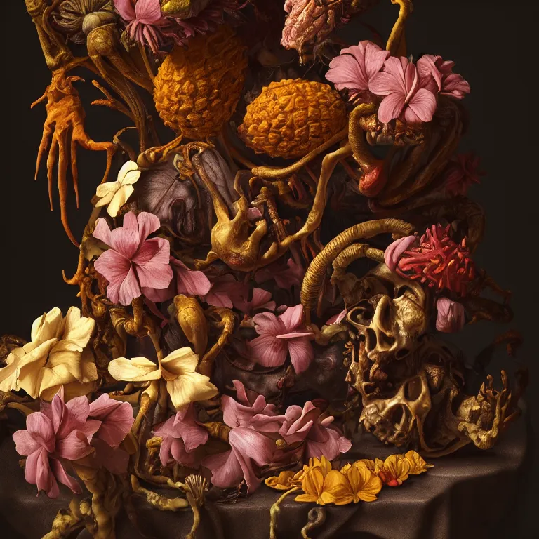 Image similar to still life of rotten flesh, beautiful tropical flowers, human spine, colorful mold, baroque painting, beautiful detailed intricate insanely detailed octane render, 8K artistic photography, photorealistic, chiaroscuro, Raphael, Caravaggio