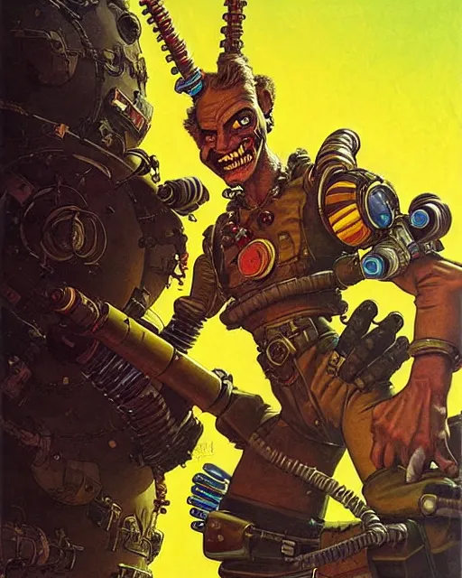 Image similar to junkrat from overwatch, slight smile, character portrait, portrait, close up, concept art, intricate details, highly detailed, vintage sci - fi poster, retro future, in the style of chris foss, rodger dean, moebius, michael whelan, and gustave dore