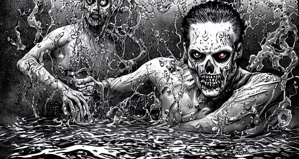 Prompt: highly detailed full body portrait of a zombie swimming underwater in a zombie - apocalypse, in a swimming pool, style tony moore walking dead