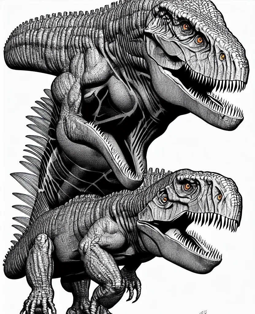 Prompt: tyrannosaurus rex, symmetrical, accurate, simple clean lines, black and white, coloring book, comic book, line art, by martina matteucci, pavel shvedov, peter lundqvist, diane ramic, christina kritkou, artstation