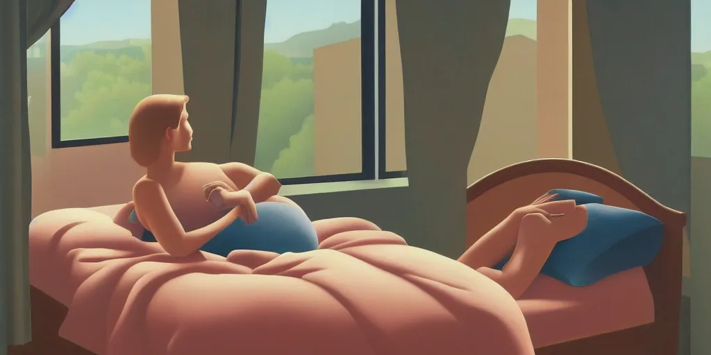 Image similar to sad girl on the bed, looking outside, summer evening, kenton nelson