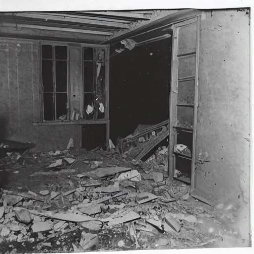 Prompt: a cabinet photo of a zombie lurking at a dark corner of a demolished building at night on the 1800s