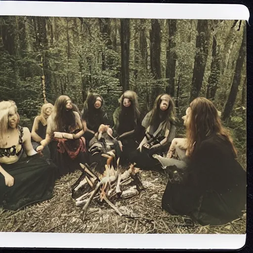 Image similar to witches gather around a bonfire in a forest, polaroid