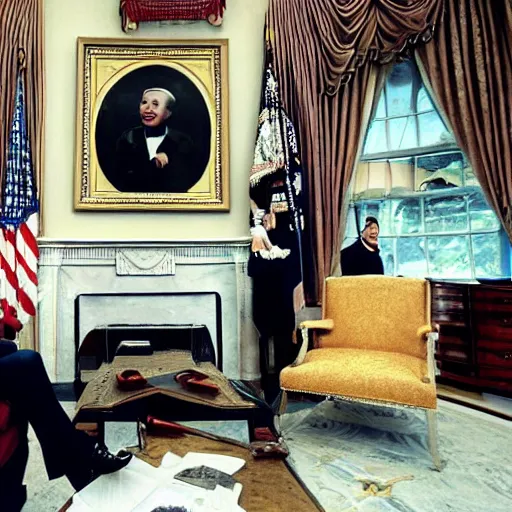 Prompt: pee wee herman on his first day as president of the united states, in the oval office with the vice president, extremely detailed, photograph by annie leibovitz