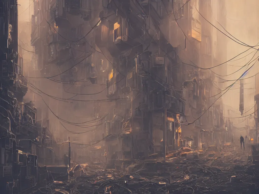 Image similar to ground in futuristic dieselpunk narrow street, cable stone ground. lots hanging cables, tiny wires on the ground. garbage on the ground. rain. fog, haze, evening. led screens. neon signs. very sharp. cables on the ground. very messy. futuristic. photorealistic. artstation. anime. studio gimbli style. golden rate.