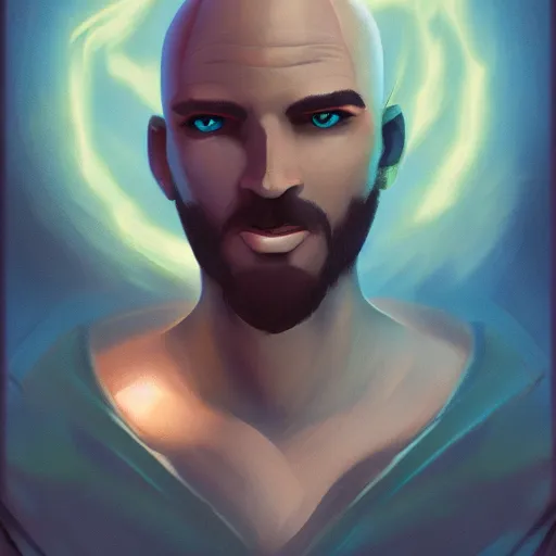 Image similar to blue-skinned bald wizard in his twenties, illustration, dungeon and dragon, Trending on ArtStation