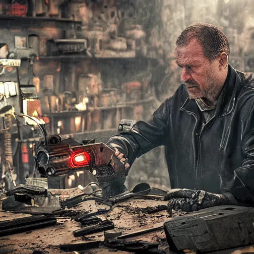 Image similar to gun made from old egg beater, balding older cyborg repairing, red hot soldering iron, dark messy smoke - filled cluttered workshop, dark, dramatic lighting, orange tint, cinematic, highly detailed, sci - fi, futuristic, movie still from blade runner