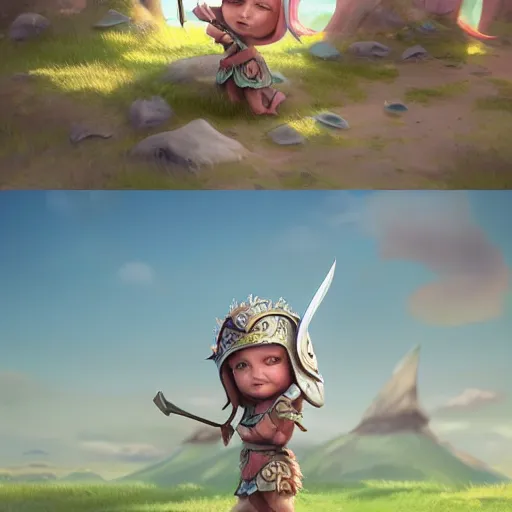 Prompt: super cute little warrior princess 3D concept by Gediminas Pranckevicius, Game Art, Ultra wide angle, hyper detailed, Character Modeling, cartoon, cinematic, raytrace, concept art, Trend on Behance 3d Art, V-Ray, Maya, C4D