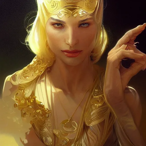 Image similar to Sandman with a gold suit, portrait, intricate, elegant, highly detailed, digital painting, artstation, concept art, smooth, sharp focus, illustration, art by artgerm and greg rutkowski and alphonse mucha