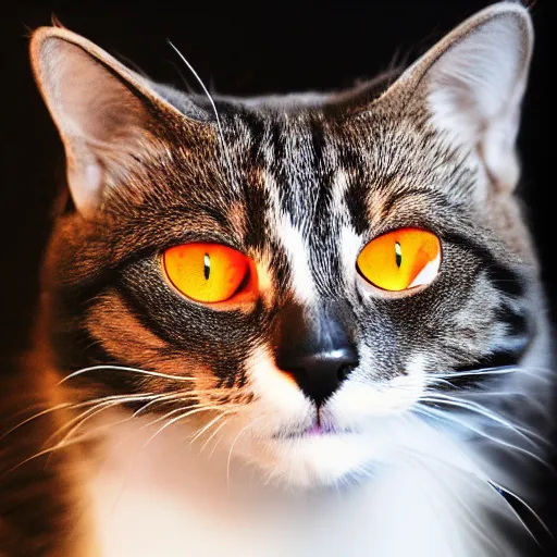 Image similar to a cat, glowing inferno eyes,black background, hyper realistic