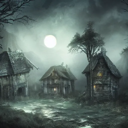 Image similar to haunted village surrounded by a dead forest, mist, moonlight, dark and gloomy, matte painting, ultra detailed, concept art