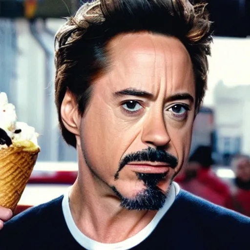 Image similar to a full portrait photo of robert downey jr eating ice cream in movie iron man, f / 2 2, 3 5 mm, 2 7 0 0 k, lighting, perfect faces, award winning photography.