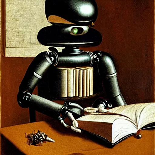 Image similar to a robot reading a book by caravaggio