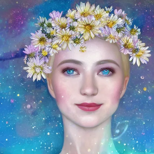 Prompt: close-up of a smiling beautiful female, blonde,, wearing a crown of daisies, beautiful happy face, ethereal, starry, space, magical atmosphere, maximalist, cinematic lighting, cinematic atmosphere, trending on artstation, cgsociety, 8k, high resolution, in the style of Faiza Maghni, David Ligare, Flora Borsi, Daniel Gerhartz,