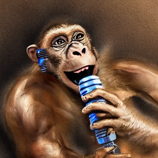 Image similar to Chimera of Joe Rogan and a monkey talking into a microphone, single subject, portrait, intricate, highly detailed, concept art, smooth, sharp focus