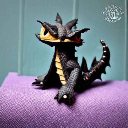 Image similar to adorable dragon in the style of how to train your dragon sitting on top of fabric bolts with a sewing machine