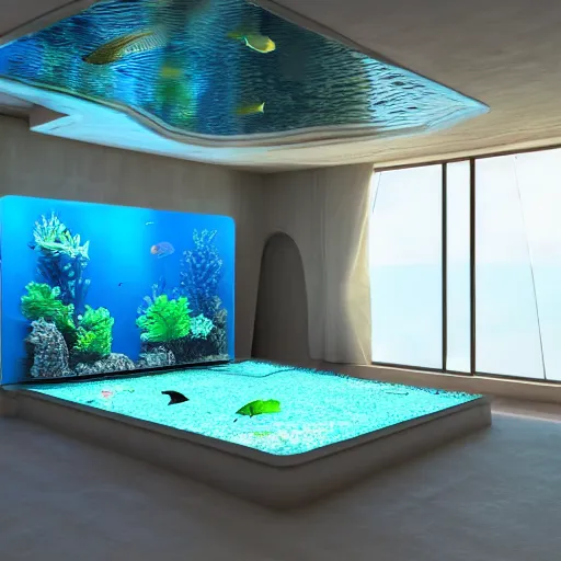 Image similar to realistic 3 d designed big modern room as aquarium with a beautiful fishes and corals, realistic colors, realistic shadows, daylight made by blender and cinema 4 d, hd, 3 d