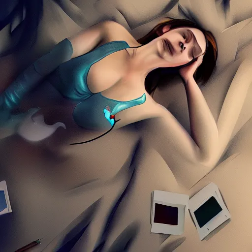 Prompt: drone perspective of a woman, laying down on a bed, in a cluttered dark room, with technology, lit by screens, intricate digital painting, Artstation