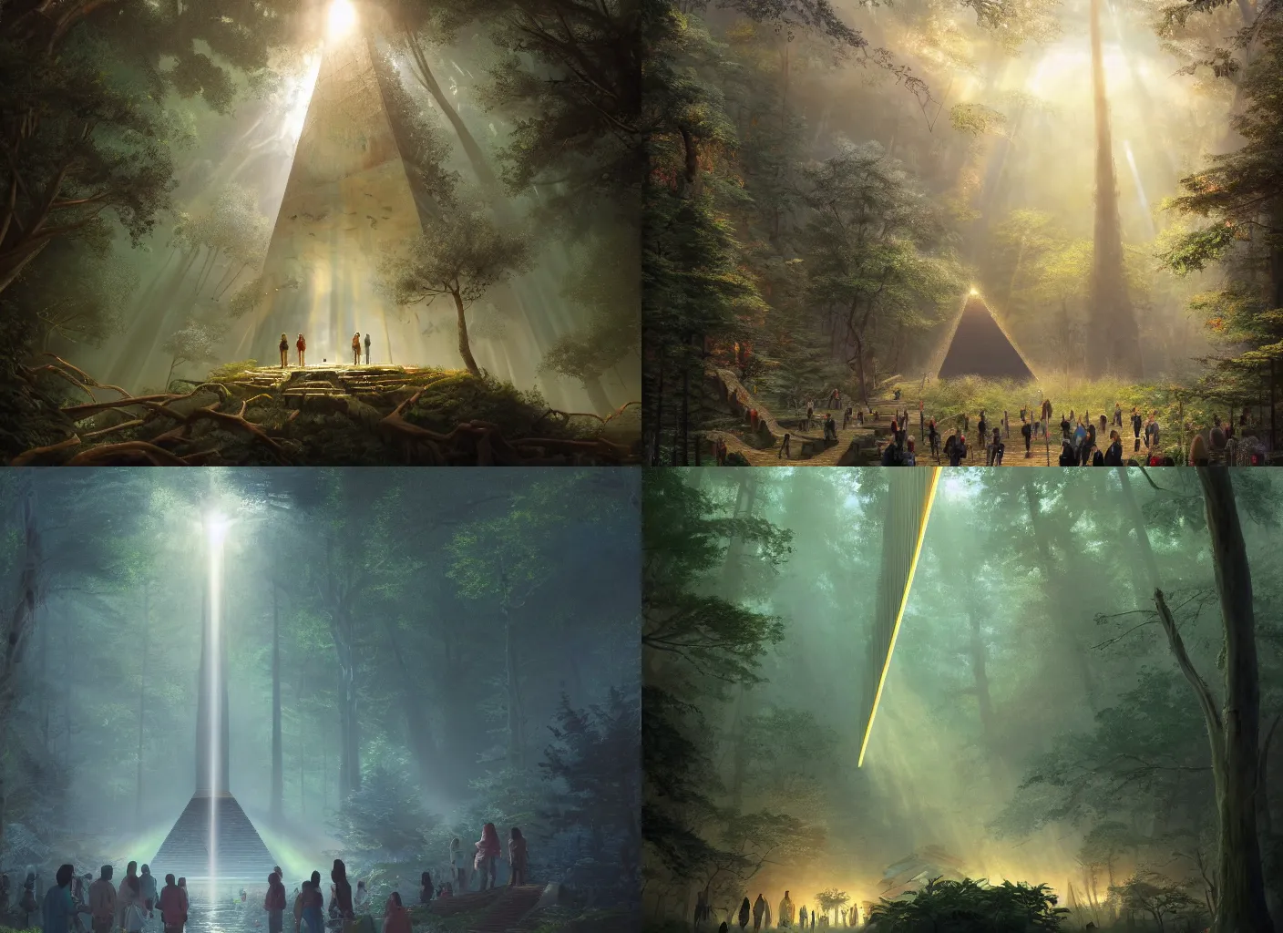 Prompt: a ultradetailed beautiful illustration of an inverted pyramid floating above a forest, a beam of light comes out of the center of the pyramid into the forest, there is a crowd of people observing, greg rutkowski and thomas kinkade, dim dusk lighting, cinematic lighting, detailed lighting, volumetric lighting, realistic, f 8, 4 k hd wallpaper, poster