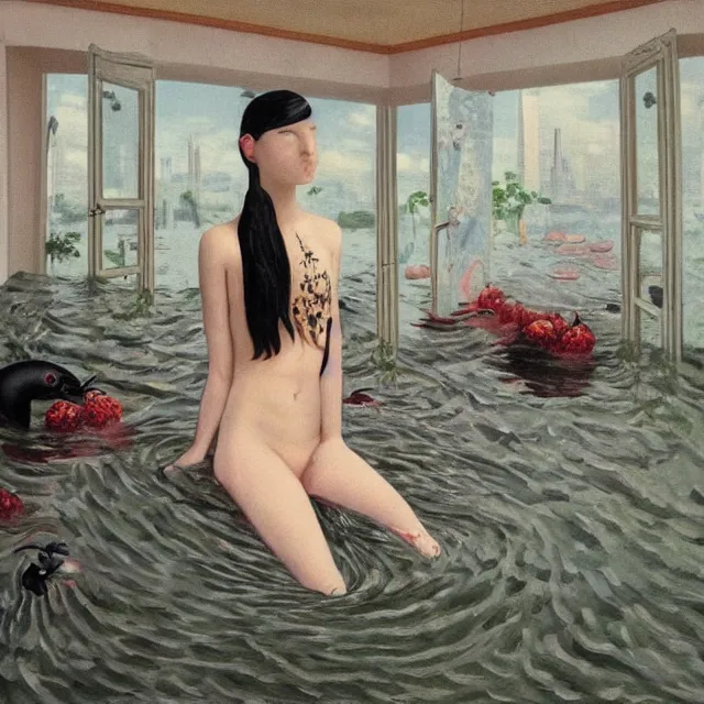 Image similar to emo catgirl artist in her flooded apartment, painting of flood waters inside an artist's home, a river flooding indoors, pomegranates, pigs, ikebana, zen, water, octopus, river, rapids, waterfall, black swans, canoe, berries, acrylic on canvas, surrealist, by magritte and monet