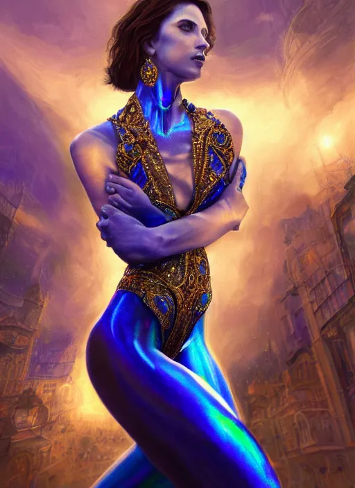 Prompt: iridescent scene with a pale attractive women wearing sapphire jewelry and clothing made of steel and silk, background hyper detailed, character concept, full body, dynamic pose, glowing lights intricate, elegant, highly detailed, digital painting, artstation, concept art, sharp focus, illustration, perez fabian, zaragoza gilberto soren, barcelo tomas