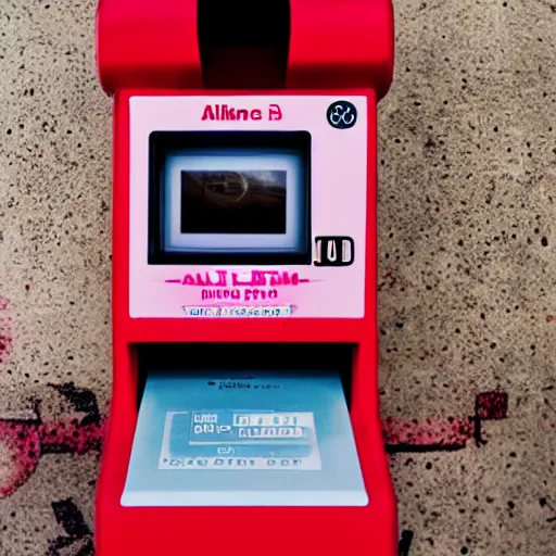 Prompt: a wide angle filmic polaroid photo of pale pink tickets printing from a ticket machine in an outdoor arcade. with symbols, airline data that read “ to the metaverse ” in bold red text, alien ar code and e - ink display, highly detailed, no noise, coherent text english characters