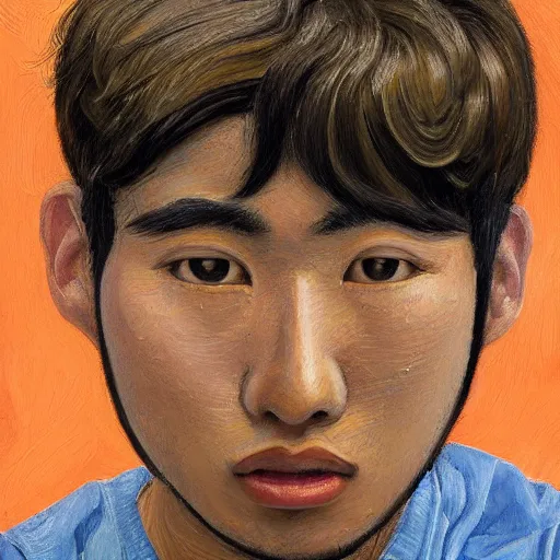 Prompt: detailed portrait of a modern, young confident southeast asian american young man, large eyes, round cheeks, tanned skin, medium length hair in the style of lucian freud, francis bacon, john chamberlain, willem de kooning, andreas franke, jean giraud, rob gonsalves, james gurney, james jean, ruan jia, gustav klimt