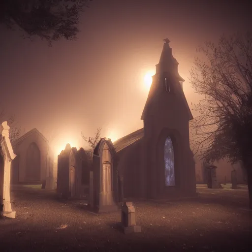 Image similar to ghosts in an old church yard cemetery, night time low light, spooky and scary atmosphere, artstation flames from church windows,