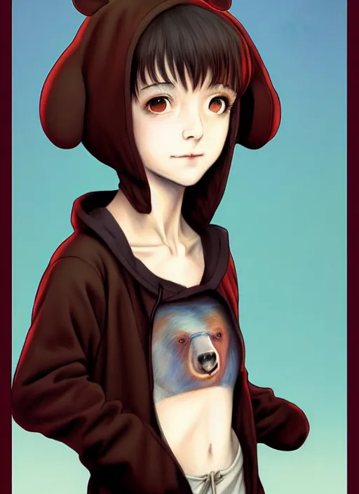 Image similar to a beautiful portrait painting of lain from serial experiments : lain wearing a bear onesie. character design by shinji aramaki, charlie bowater, ross tran, artgerm, and makoto shinkai