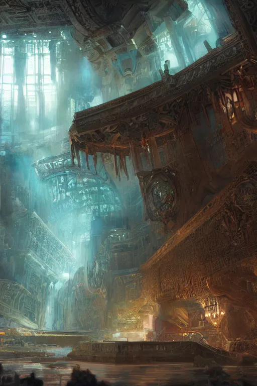 Prompt: inside of an atlantis palace, intricate, elegant, volumetric lighting, digital painting, highly detailed, artstation, sharp focus, illustration, concept art, ruan jia, steve mccurry