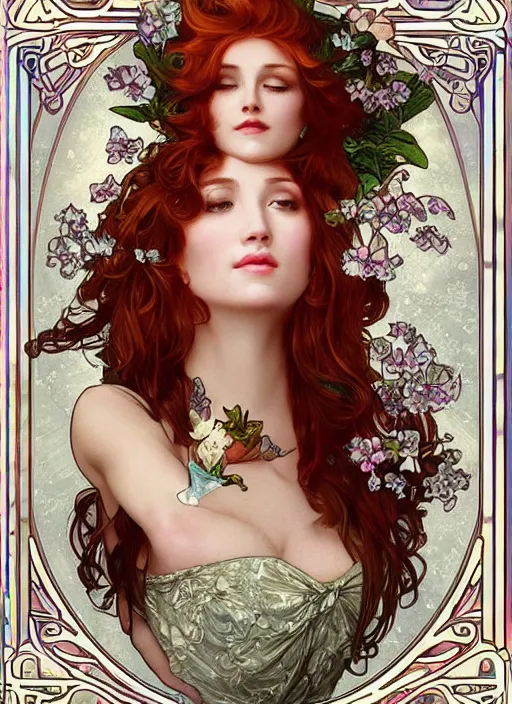 Prompt: redhead woman, rococo and art nouveau fusion, iridescent diaphanous refractive and reflective flower bouquet, tarot card, highly detailed, deep focus, elegant, digital painting, smooth, sharp focus, illustration, ultra realistic, 8 k, art by artgerm and alphonse mucha