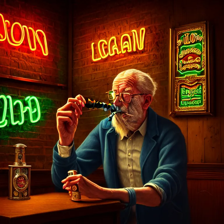 Image similar to a intricately detailed portrait of an old man smoking a lit cigar in an irish pub with a neon bar, smoke rising like clouds, balanced, symmetrical, super resolution, trending on art station, volumetric lighting & shadows, hyper detailed, digital art, unreal engine, in the style of a escher, 4 0 0 mm f 1. 8,