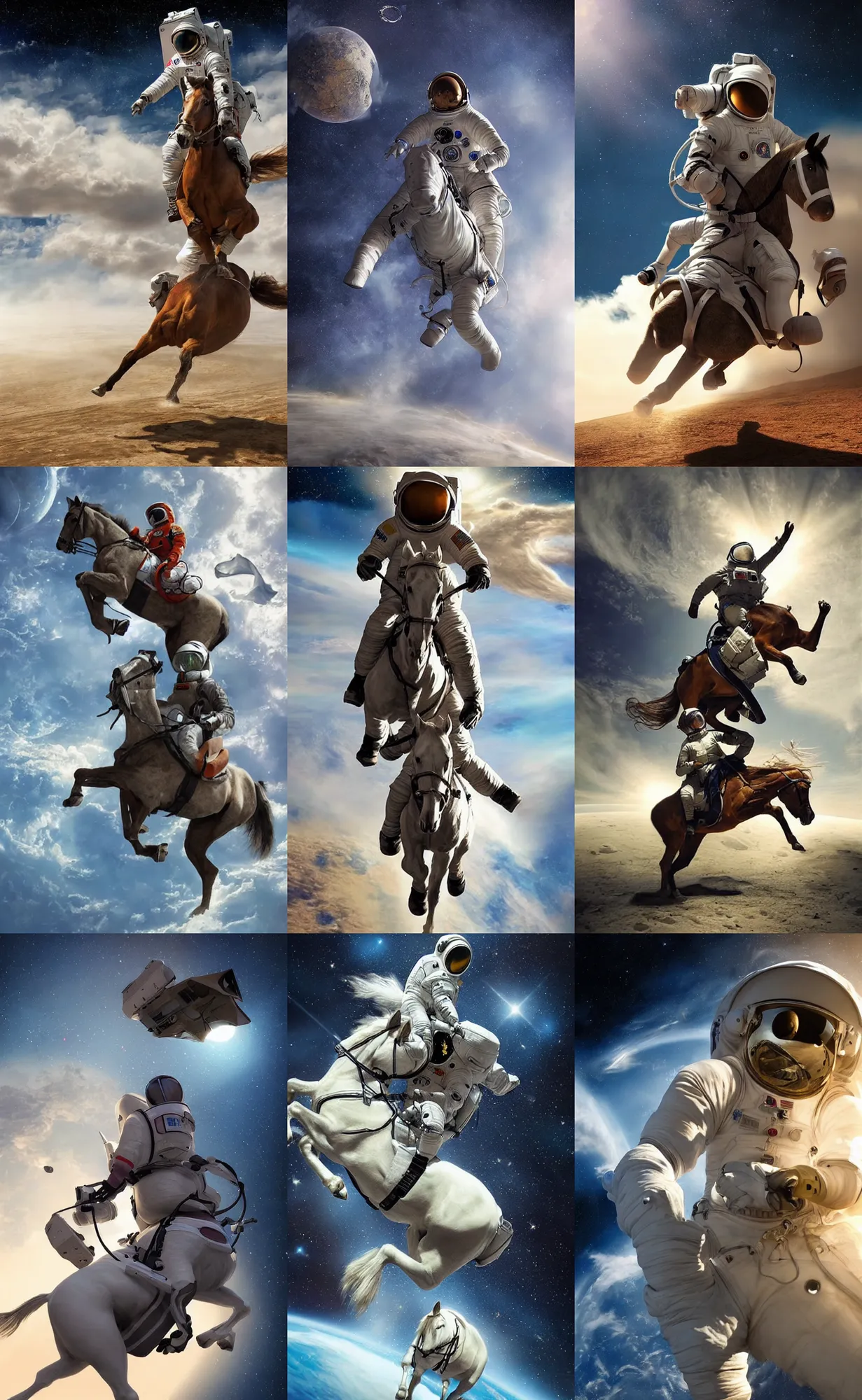 Prompt: photorealistic art of an astronaut riding a horse, dynamic lighting, space atmosphere, hyperrealism, stunning visuals
