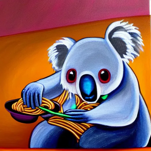 Prompt: a painting of a koala eating spaghetti in toon art style