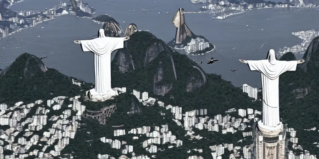 Prompt: christ of the redeemer being kidnapped by an alien spaceship in rio de janeiro