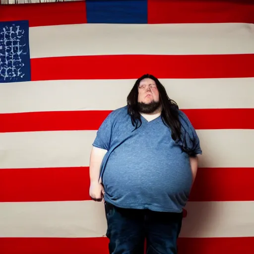 Prompt: An obese greasy goblin creature standing in front of the american flag attempting to look patriotic but failing, presidential nomination photo