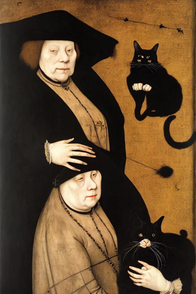 Image similar to painted portrait of a creepy witch with a fat black cat, 1 6 th century, hans holbein the younger, jan van eyck, gerit dou,