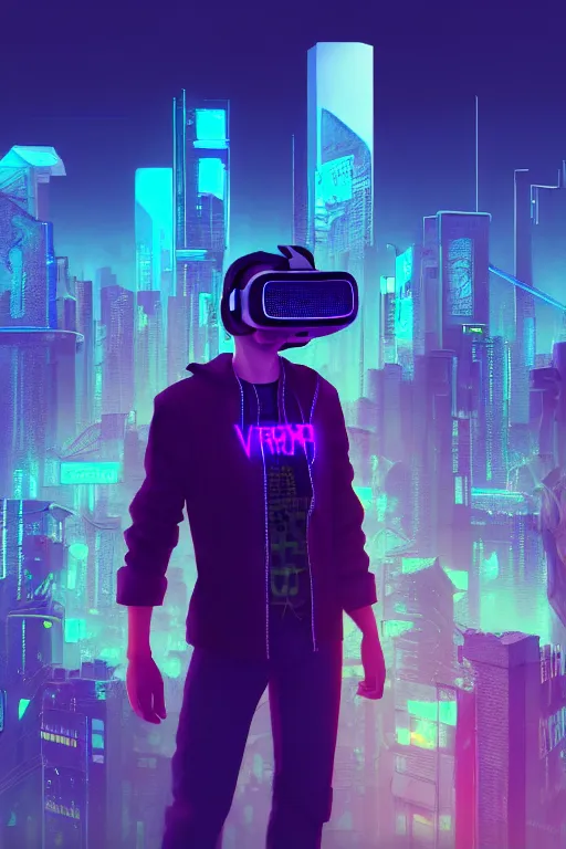 Prompt: cool cyberpunk dude with vr goggles, looking onto the city buildings, photorealism, night ambiance, vaporwave colors, neon glow on structures, highly detailed, trending on artstation, cinematic moody colors, 8 k, 4 k