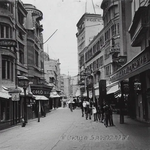 Image similar to city street at 1 9 3 0 s. low angle. old photo