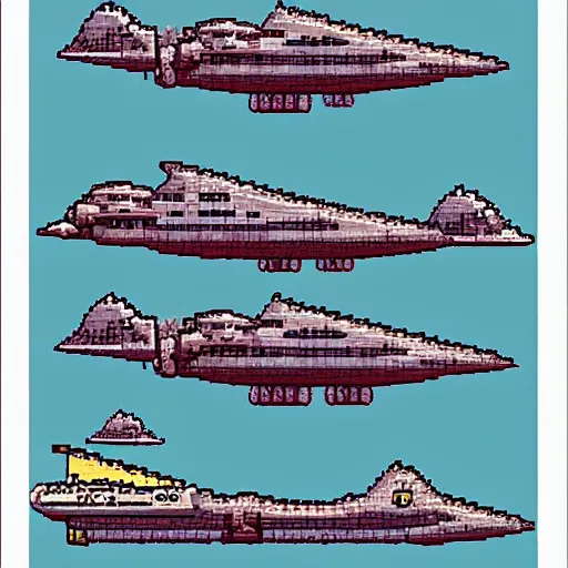 Prompt: retro sci-fi airships, #pixelart