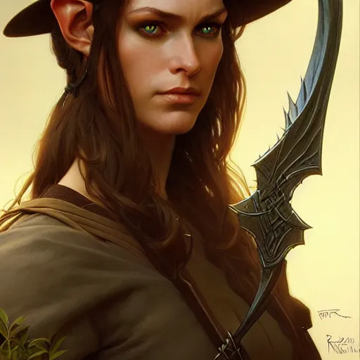 Image similar to portrait of a elven ranger, dark, piercing eyes, gentle expression, witchy clothing, photorealistic, highly detailed, artstation, smooth, sharp focus, art by michael whelan, artgerm, greg rutkowski and alphonse mucha