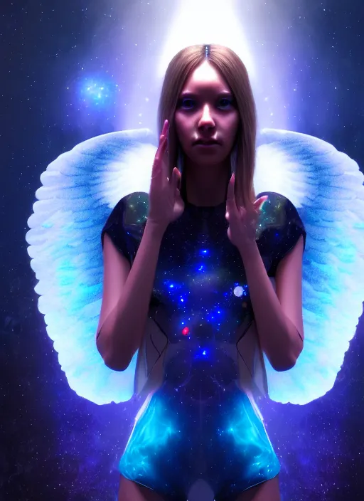 Image similar to portrait of beautiful angel girl with wings like a galaxy in space holding the universe in her hands, cyberpunk, 3 d render, hyper realistic detailed, scifi, fantasy, octane render, concept art