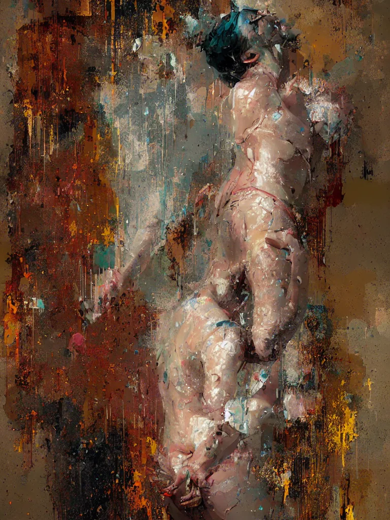 Image similar to a beautiful painting by robert proch and christian hook of a woman taking a shower in a glitched bathroom, metal rust and plaster materials, pixel sorting, color bleeding, brushstrokes by jeremy mann