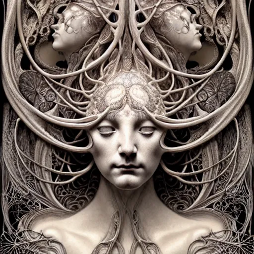 Image similar to detailed realistic porcelain beautiful organic calaveras goddess face portrait by jean delville, gustave dore, iris van herpen and marco mazzoni, art forms of nature by ernst haeckel, art nouveau, symbolist, visionary, gothic, neo - gothic, pre - raphaelite, fractal lace, intricate alien botanical biodiversity, surreality, hyperdetailed ultrasharp octane render