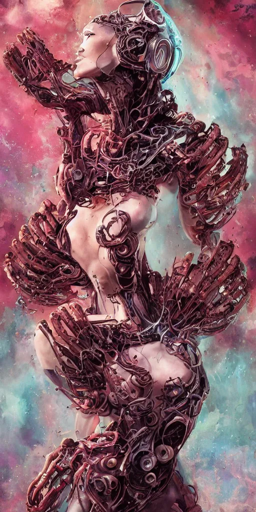 Prompt: comic art,Sprial, a female six-armed Mutate and Cyborg Sorcereress dancing in the air,beautiful and terrifying,melting,full character design,8k,by Stanley Artgermm,Tom Bagshaw,Travis Charest,Carne Griffiths,Ron English,Linsey Levendall,trending on DeviantArt,face enhance,hyper detailed,minimalist,full of colour,cinematic,dynamic lighting