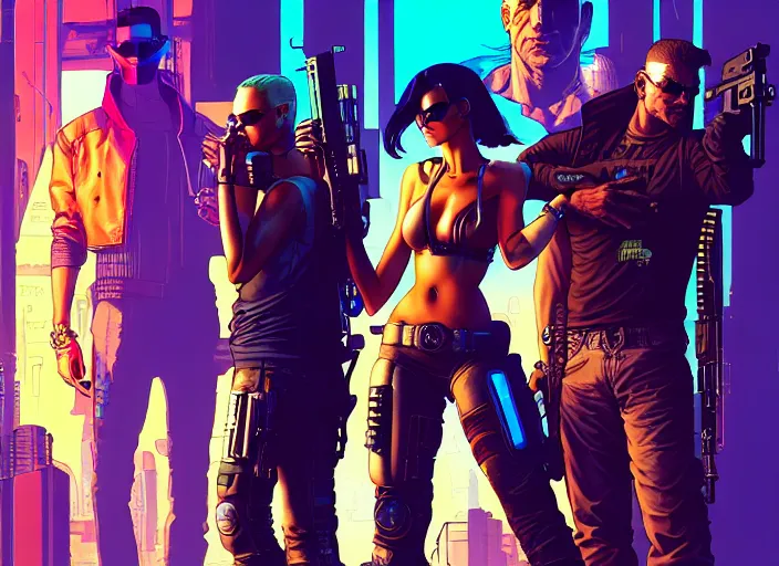 Image similar to cyberpunk gun slingers. portrait by stonehouse and mœbius and will eisner and gil elvgren and pixar. character design. realistic proportions. cyberpunk 2 0 7 7 character art, blade runner 2 0 4 9 concept art. cel shading. attractive face. thick lines. the team. diverse characters. artstationhq.