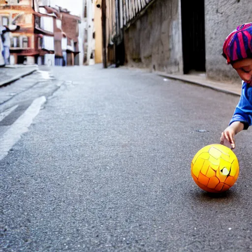 Prompt: a boy playing with a ball in the street 2 0's style